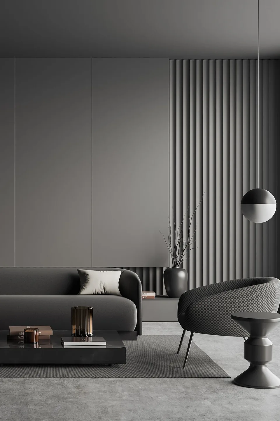 A calm grey lounge designed by Dark Grey