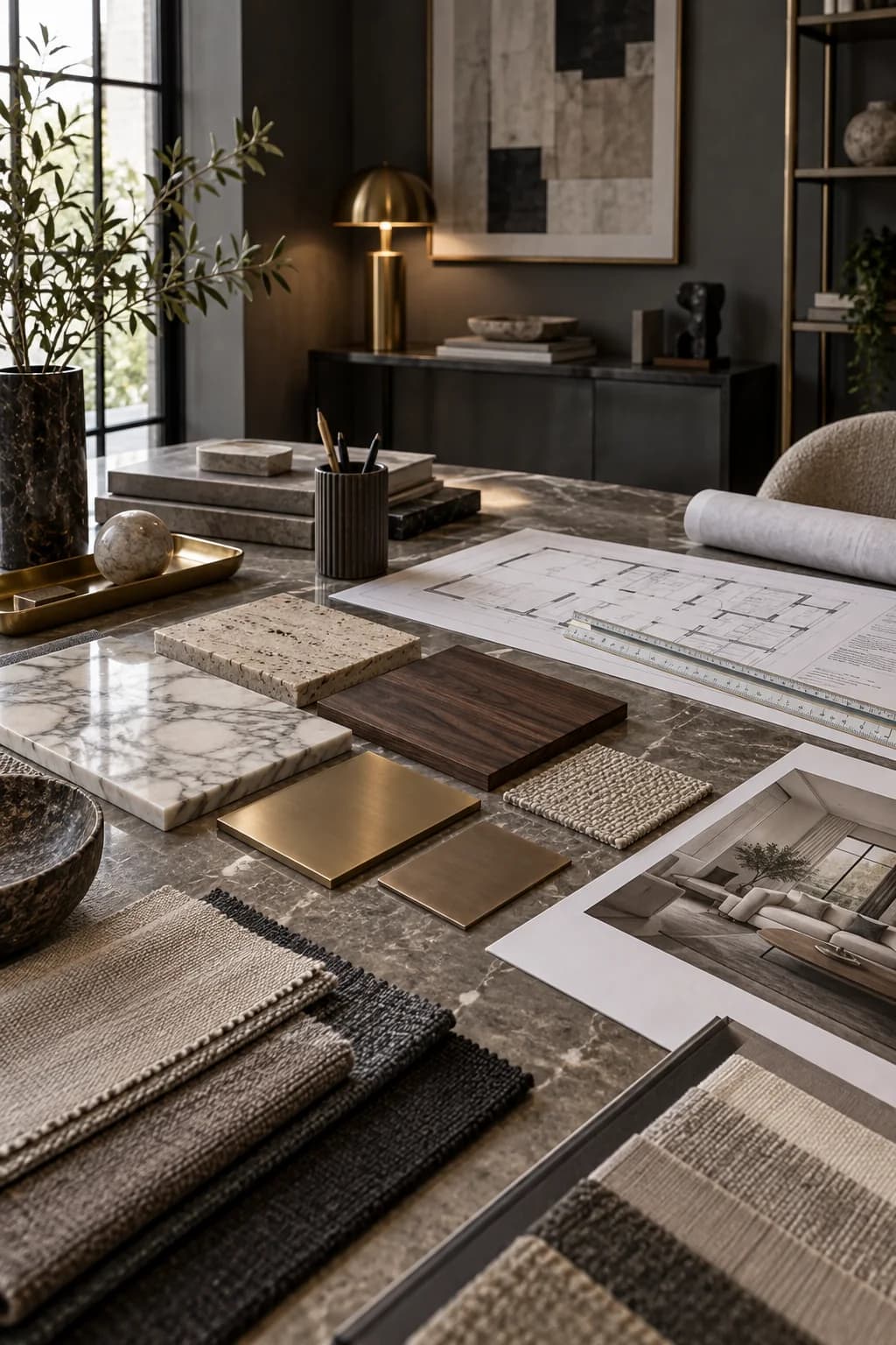 Material samples and drawings in the Dark Grey design studio