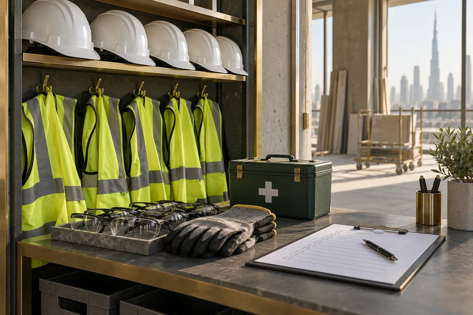 Safety helmets, vests and a checklist at an HSE station